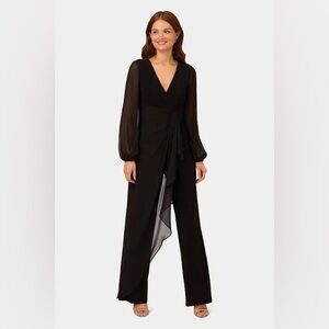 NWT Adrianna Papell Black Long Sleeve chiffon trim Jersey Jumpsuit Sz 16